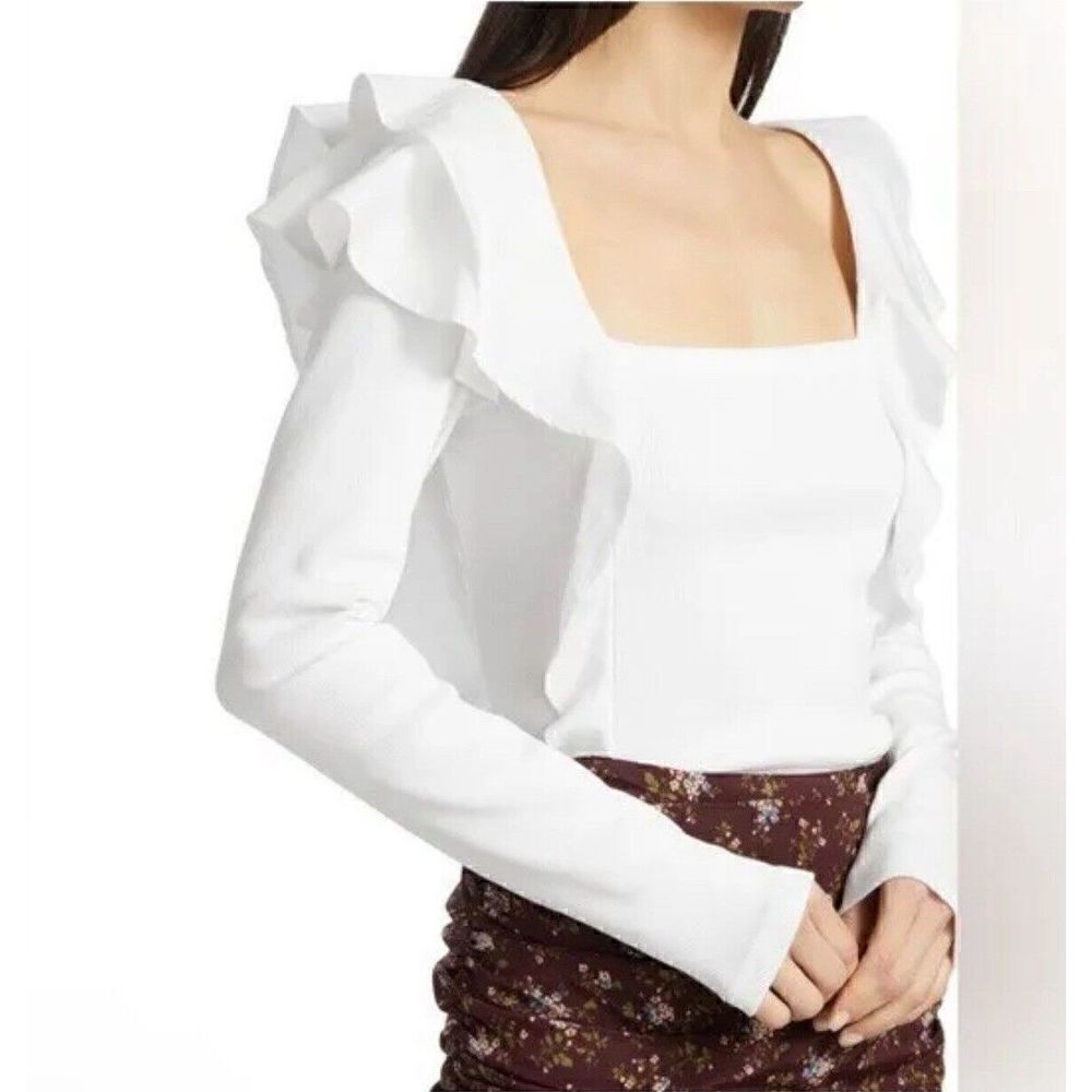 VERONICA BEARD Jeans Gidea White Ribbed Rib Knit Ruffle Cotton Poplin Top M - Picture 4 of 10